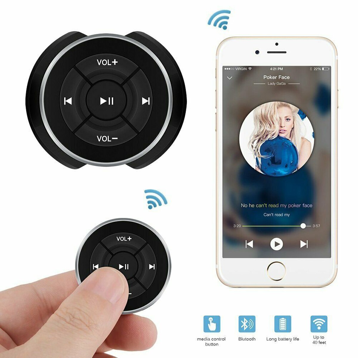 Car Wireless Media Button Steering Wheel Mount Music Remote Control For Phone Tablet