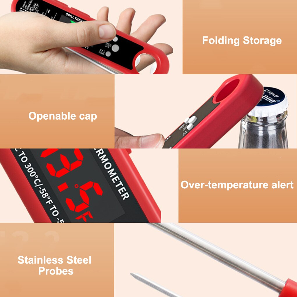 Food Thermometer Stainless Steel Probe LCD Digital Instant Read High Accuracy Fodable Over-temperature Clock Temperature Guage