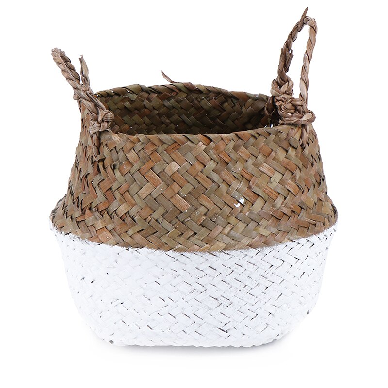 Mini Bambus Lagerung Körbe Faltbare Wäsche Stroh Patchwork Weide Rattan Seegras Bauch Blumentopf Pflanzer Handgemachte Korb: Weiß