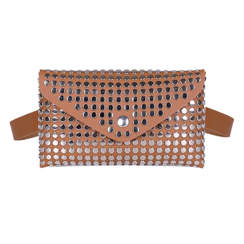 Saco Da Cintura bloco de Fanny Bolsa Cinto De Couro Das Mulheres Da Moda Rebite Flip Couro Mulheres Embreagem Ombro Saco Crossbody Pacote de Cintura No Peito: Marrom