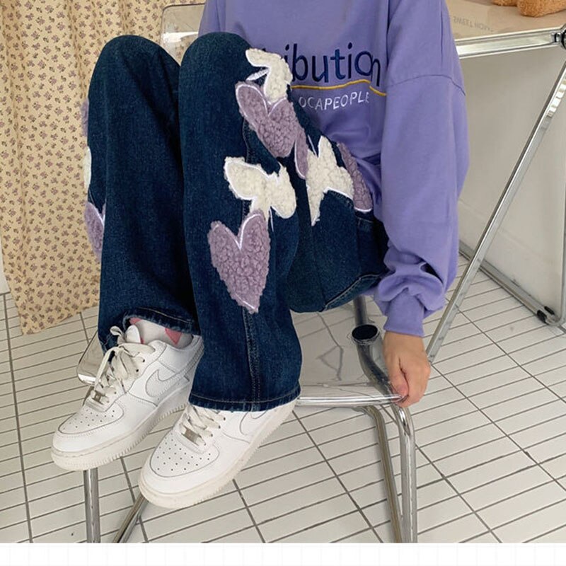 Jean patchwork brodé pour femmes, pantalon en Denim, taille haute, jambes larges, Chic, décontracté, Streetwear, nouvelle printemps