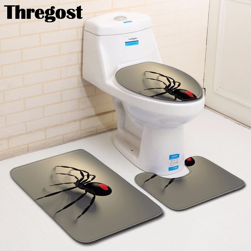 Thregost 3 stuks badmattenset u-vormig badkamertapijt cartoon spinnenpatroon toiletmatten antislip wc-mat waterabsorberende badmatten