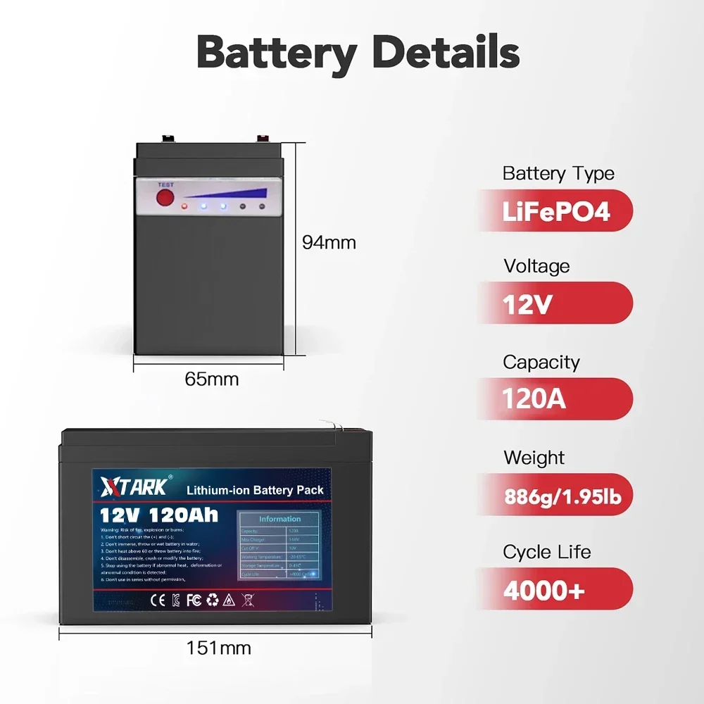 Upgraded LiFePO4 Lithium Battery 12V 120Ah Portable Rechargeable Battery Built-in Power display Port Charging
