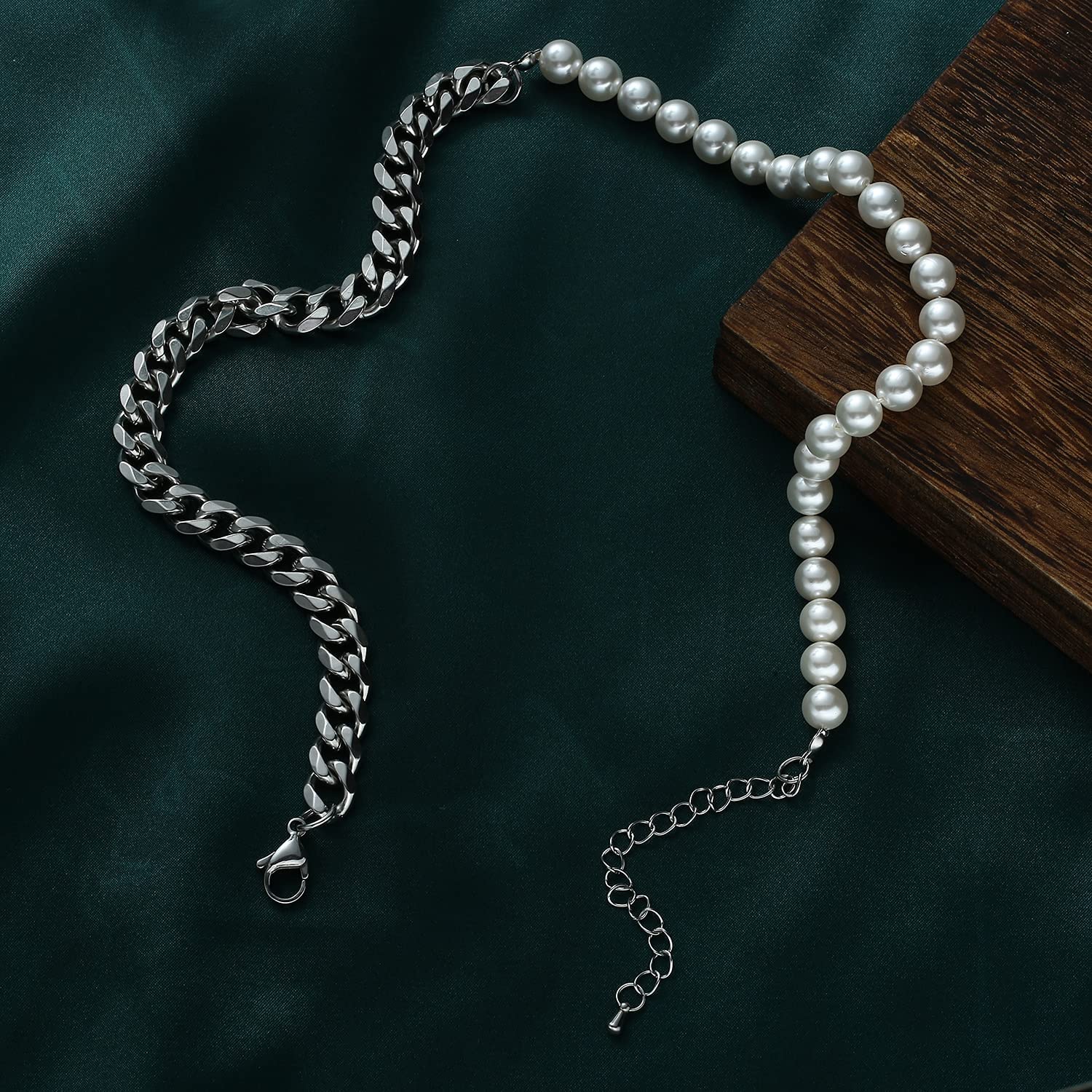 Collana di perle per uomo-collane a mezza catena con mezza perla catene a maglie cubane per gioielli da uomo in acciaio inossidabile