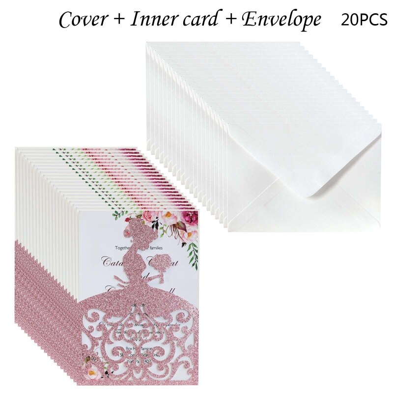 20pcs/set Wedding Invitations Cards Glitter Girl Greeting Card Invite Envelopes Bridal Engagement Party Supplies: Pink