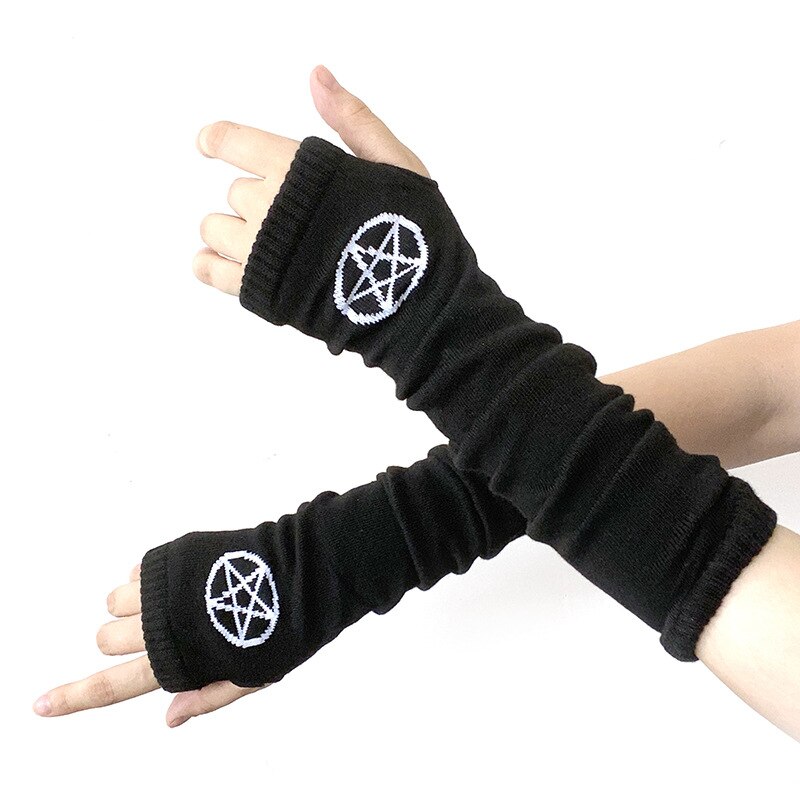 Gants Femme Goth Arm Sleeve Moon Cross Imprimé - Manchettes Hip Hop Sans Doigts Noir