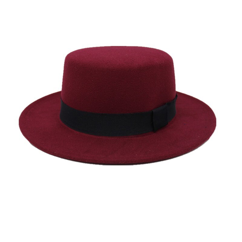 Seioum Brand Wool Boater Flat Top Hat For Women's Felt Wide Brim Fedora Hat Laday Prok Pie Chapeu de Feltro Bowler Gambler Top H: Wine red