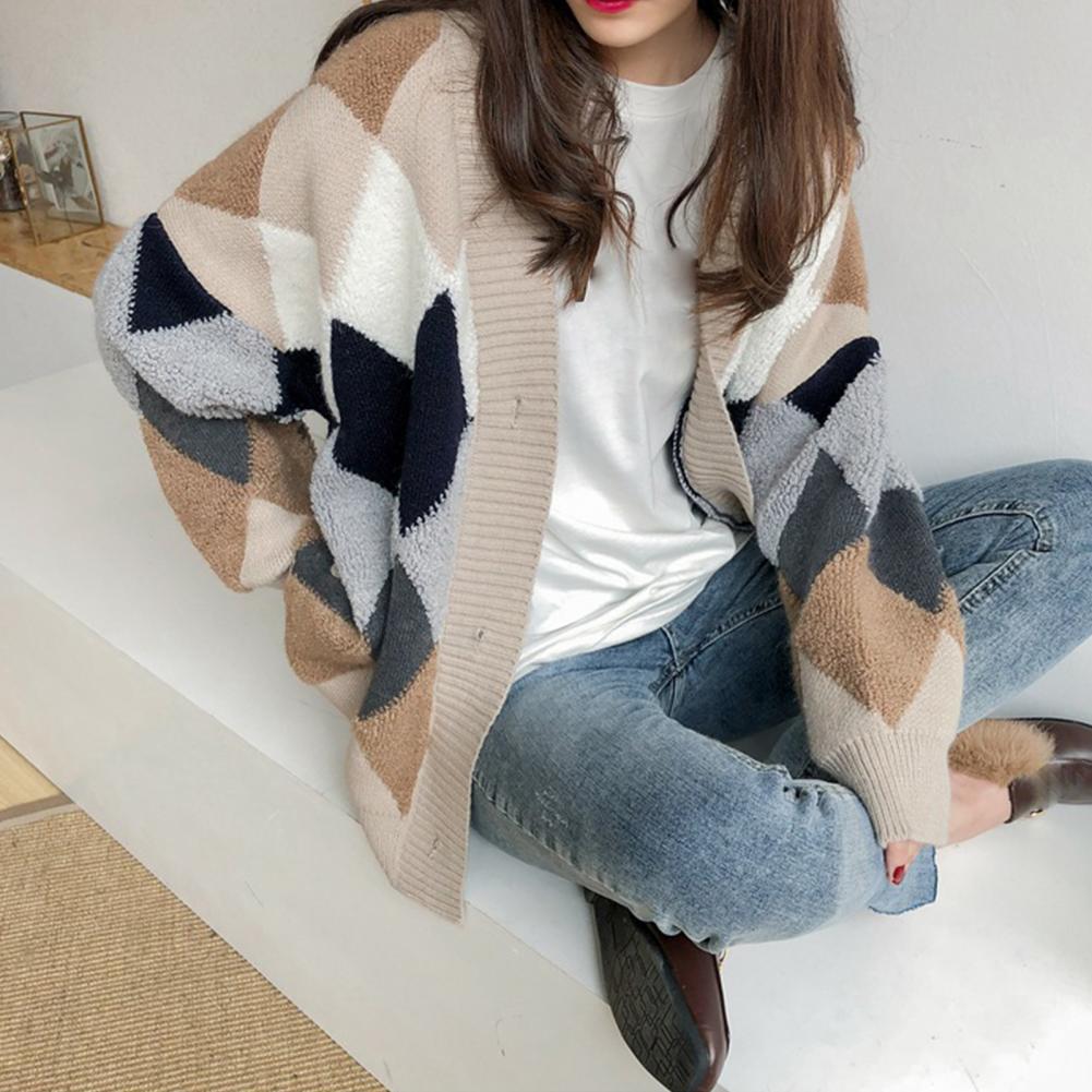 Women Sweaters Cardigan Coat Rhombus Pattern Long Sleeve Buttons Knitted Cardigan Sweaters for Women Autumn Cardigan Knitwear