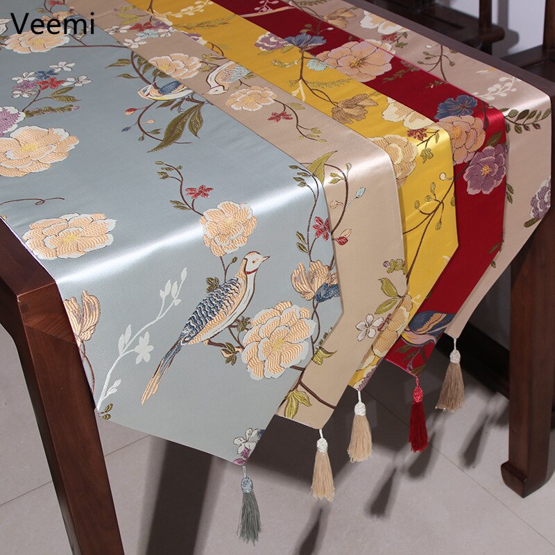 Chinese Style Magpie and Flowers Table Runner Bird Treetop Embroidery Table Flag Decoration for Party Wedding with Tassels