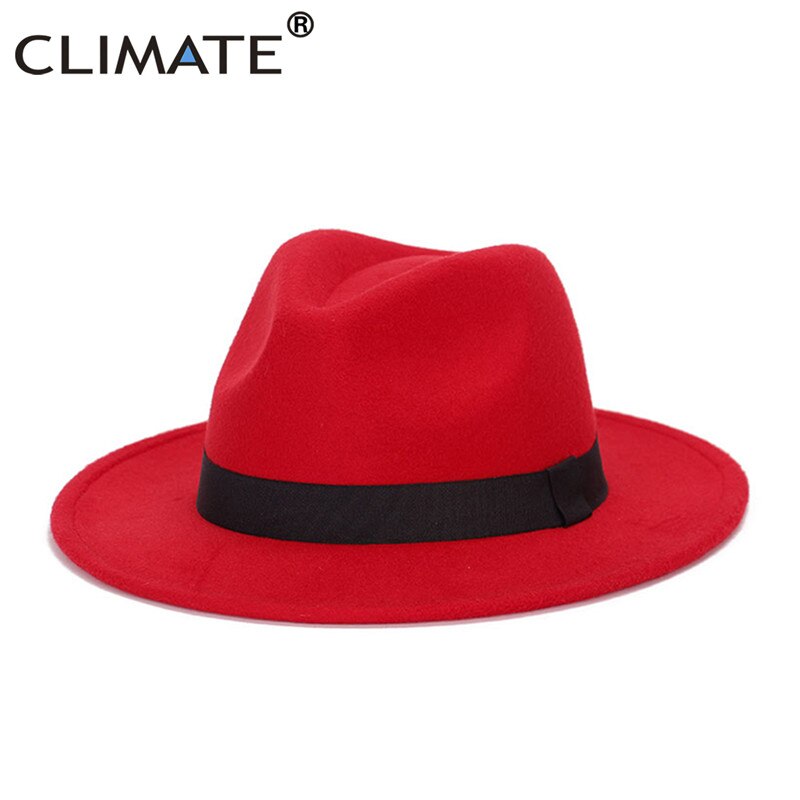 Climat femmes Jazz Fedora Cowboy chapeau dames Jazz chapeaux pour femme homme Fedoras casquette Polyester laine chapeau Cowboy Fedora: Red