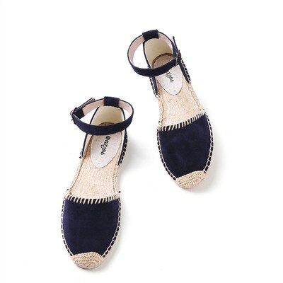 Sandalias de paja de mujer Bohemias de fondo plano de lona salvaje de cáñamo zapatos de pescador suelo femenino nuevos zapatos individuales de gran tamaño: Azul lago / 10