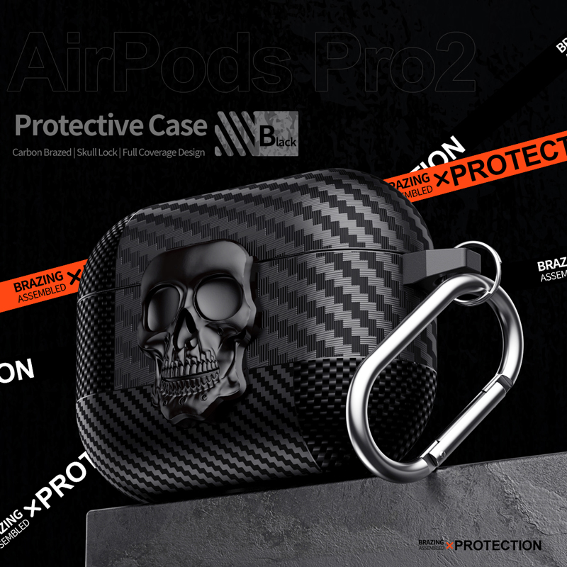 Pak Thug Skull Series Hoofdtelefoonhoes voor Airpods 4 Magnetische hoofdtelefoonhoes voor Airpods Pro 2 3 2 1 Koolstofvezelhoes met haak: 3XS / Black