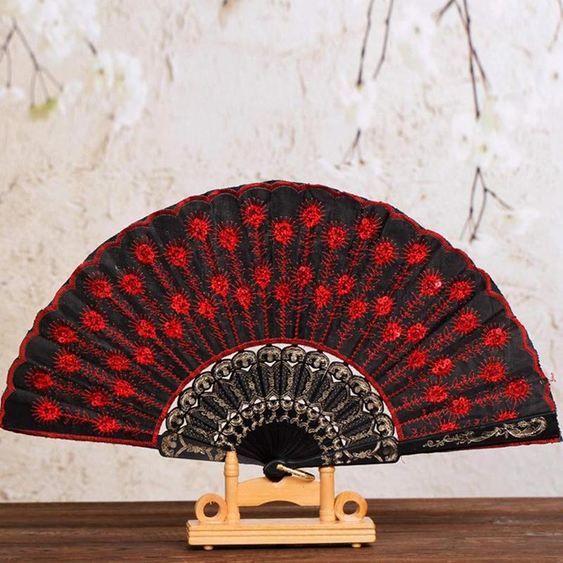 Mooie Decoratieve Fans Plastic Doek Vouwen Hand Patroon Voor Party Wedding Spaanse Stijl Dans Bloem Held Fan U1K2