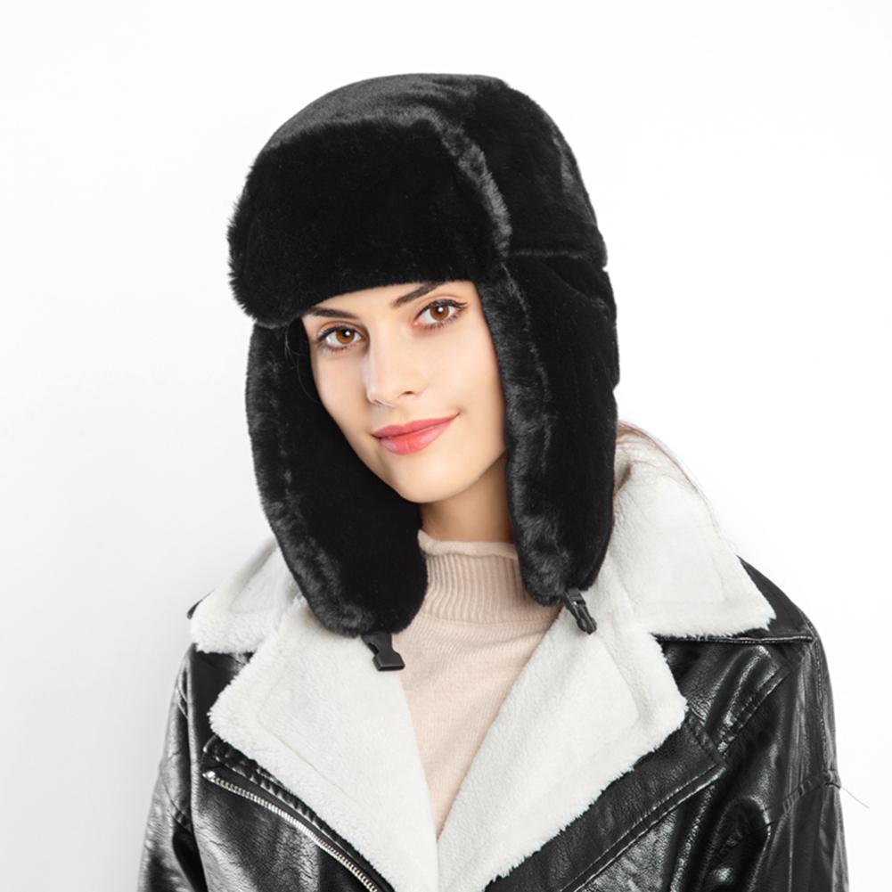 Invierno Faux Fur Shearling Hat Unisex gorro estilo ruso orejera a prueba de viento sombrero para esquiar deportes de invierno: Black