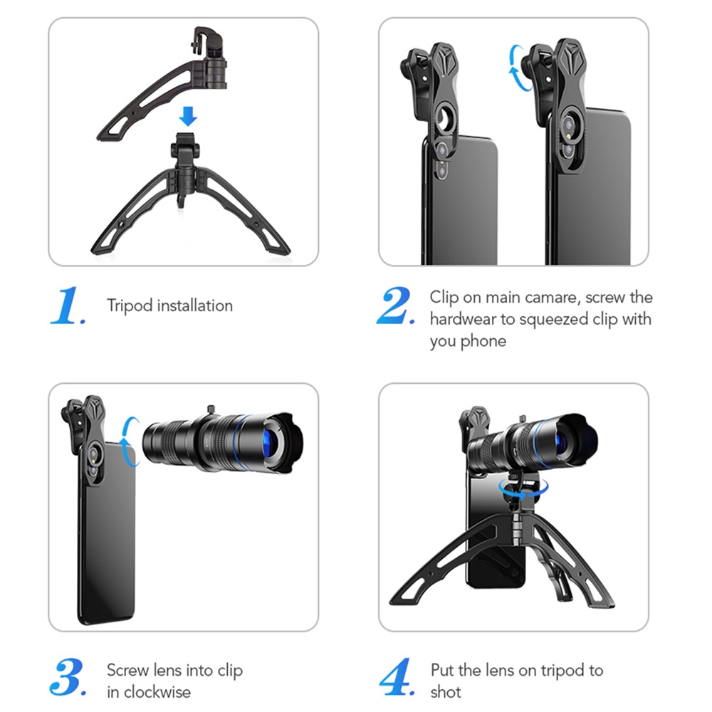 APEXEL métal HD 20-40x zoom télescope téléobjectif monoculaire téléphone caméra lentille avec mini trépied pour Samsung iPhone la plupart des téléphones