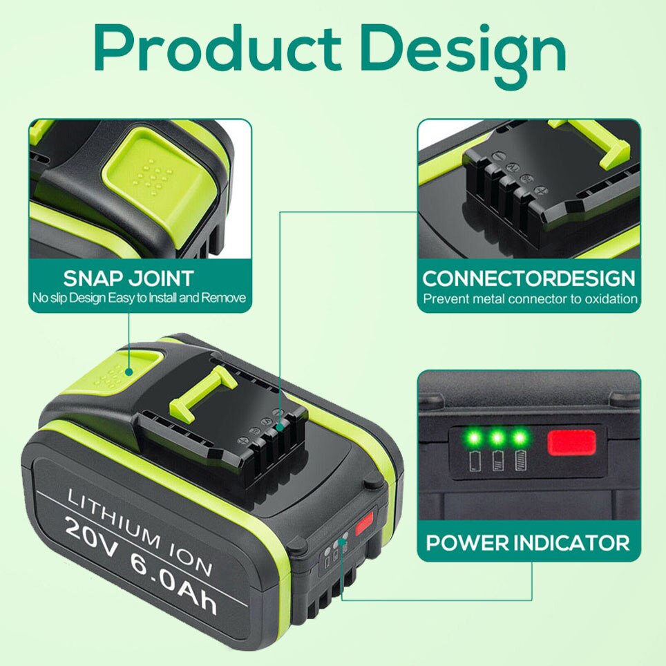 Batería recargable Worx 20V Max, 2022 mAh, WA3551, WA3551.1, WA3553, WA3641, WX373, WX390, 6000