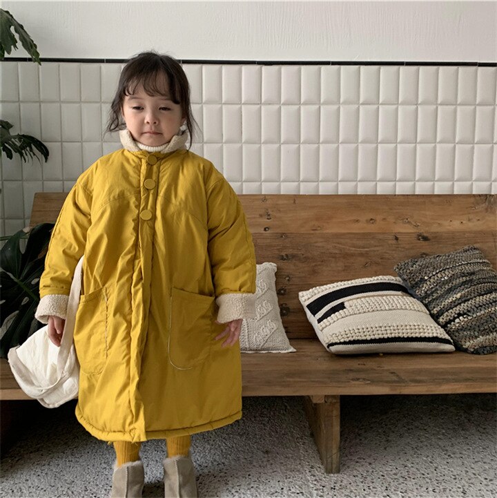 invierno coreano paño de algodón para niños suelto grueso largo medio abrigo chaqueta de niño