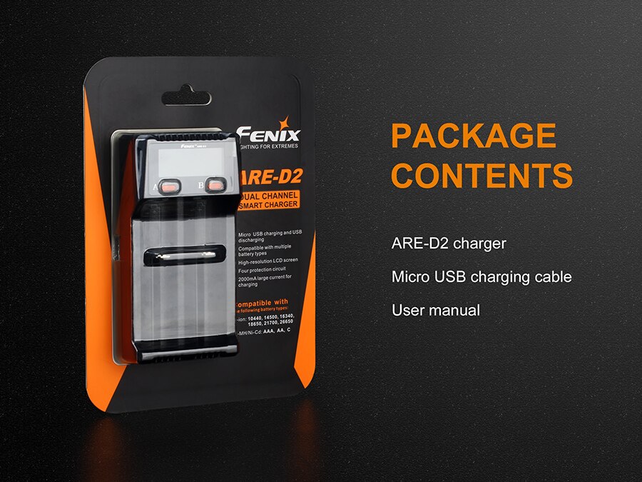 Fenix-cargador de batería ARE-D2, compatible con baterías de iones de litio y Ni-MH/ni-cd, carga microusb y función de descarga USB