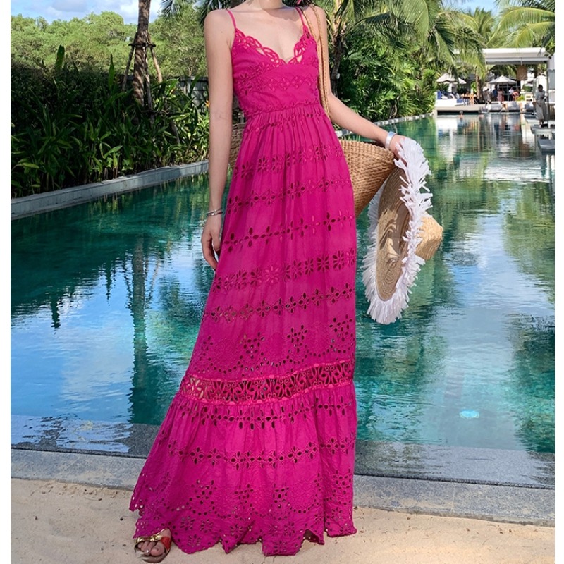 Elegante Süße Hohe Taille V-ausschnitt Aushöhlen Stickerei Rüschen Slip Kleid Schlanke Frauen Sommer Party Hüfte Wrap Lange Kleider