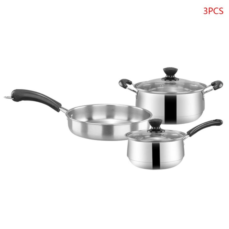 3pcs/set Stainless Steel Cookware Set Flat Bottom Frying Pan Soup Pot Milk Pot Kit Induction Cooker Cooking Pan for Home: Wooden handle