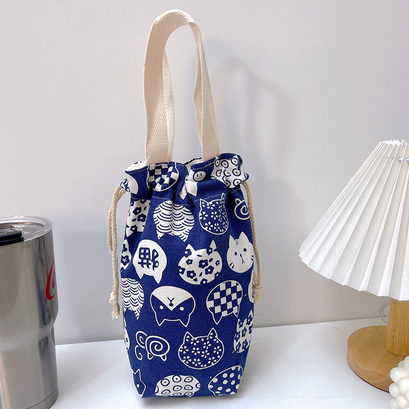 Draagbare Canvas Isolator Hoes Tas Thermoszak Cartoon Foto 'S Sluiting Trekkoord Opbergtas Vacuüm Cup Set: Deep Blue