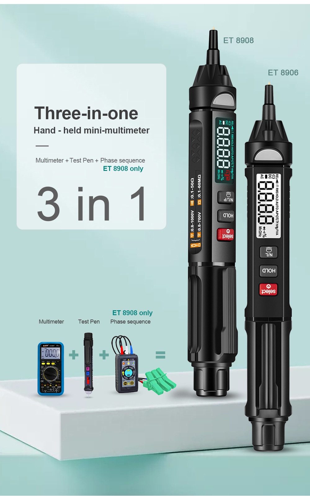 3 in 1 et8906/et8908 pro true rms digital multimeter profesjonell + spenningstester penn + fasesekvenser meter voltmeter
