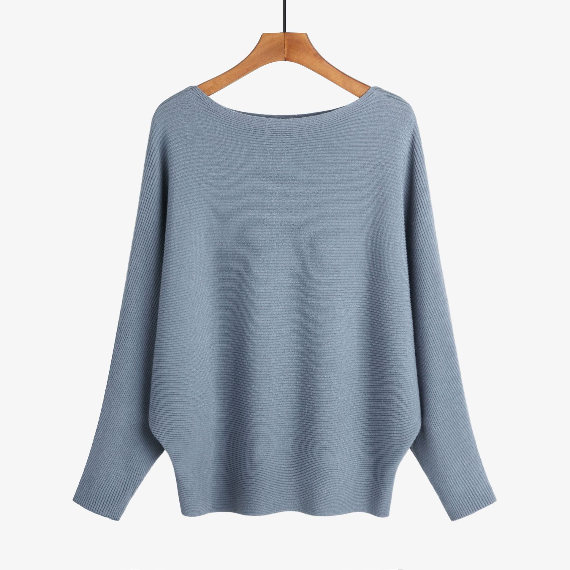 18 kvinder flagermusærmer vinter efterår strikvarer løs fint garn pullover strik strikket skrå hals blød sweater: Himmelblå