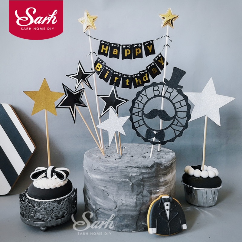 Decoração de bolo com borla "feliz aniversário", chapéu da estrela dourado preto com borla "feliz aniversário" coleção de bolo, presentes de festa de aniversário e casamento