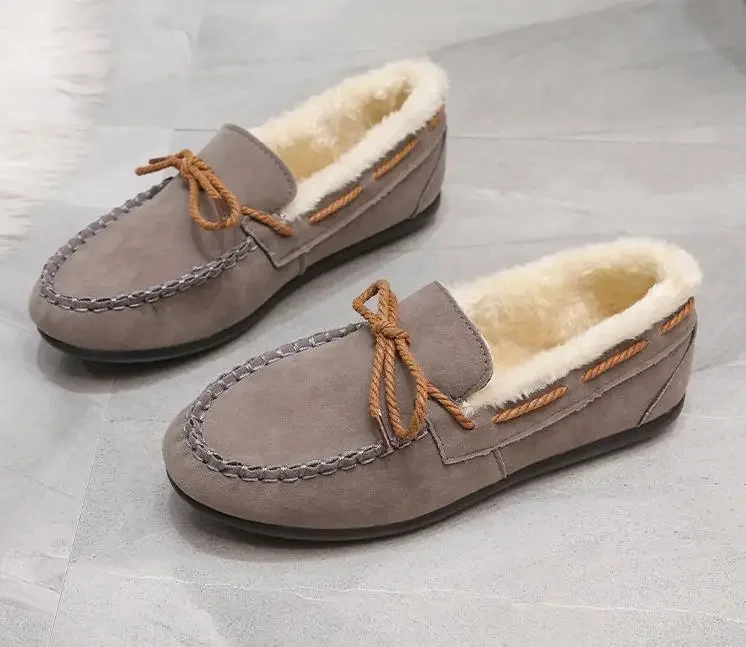 Vinterskor dam casual platta skor dammockasiner mjuka loafers komfort varma plysch rosett slip on dambomullsskor: Grå / 37