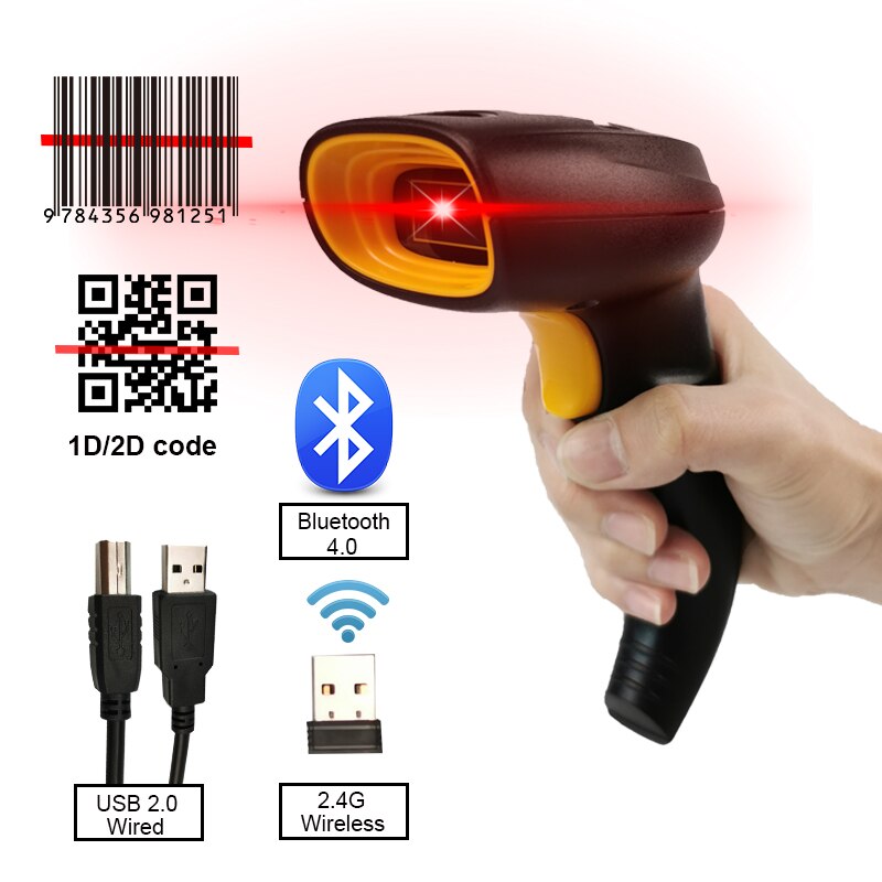 Wireless Barcode Scanner Bluetooth Code Reader 1D/2D QR Bar Code Scanner Support Mobile Phone iPad Handheld Reader POS Inventory