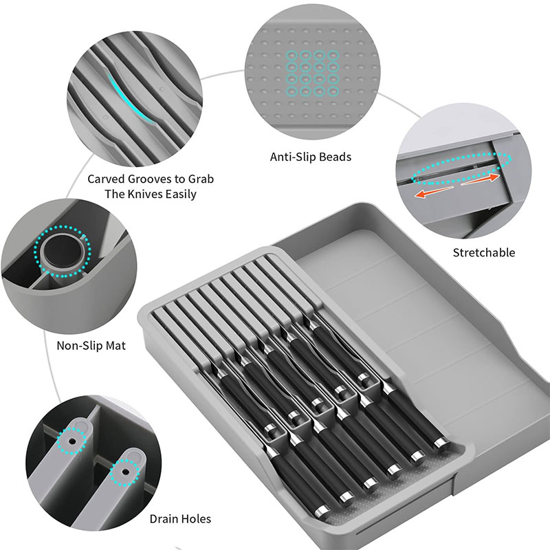 Knife Block Holder with Expandable Organizer Storage Tray for Kitchen Countertop Retractable Knife Organizer Drawer Insert