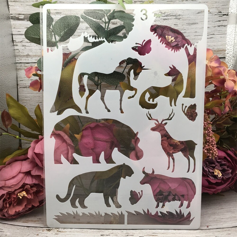 4 stuks  a4 29cm dinosaurus kameel wilde dieren diy gelaagdheid sjablonen schilderen plakboek kleuren reliëfalbum decoratief sjabloon