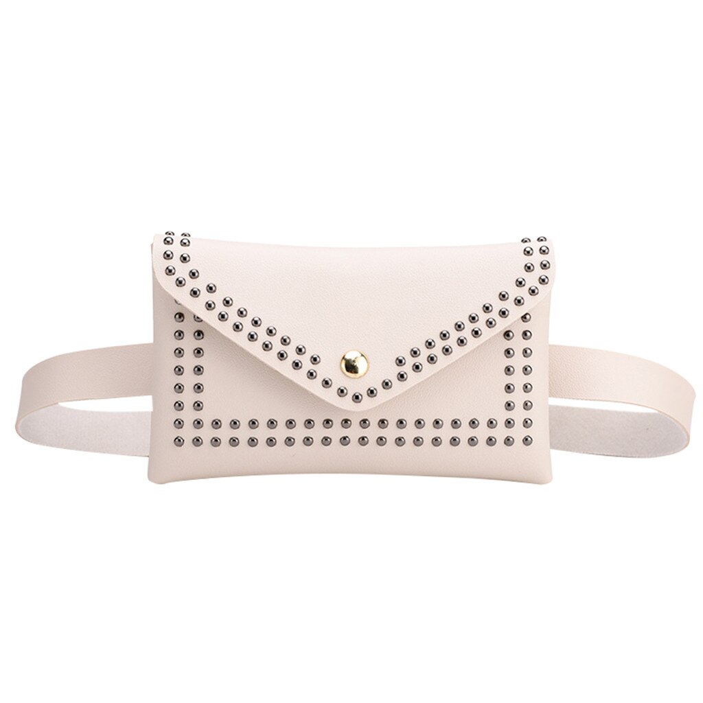 Solid Color Rivets Leather Waist Bag Women Hasp Small Mobile Pouch Chest Pocket Belt Bag Female Crossbody bag fanny pack#LR1: White