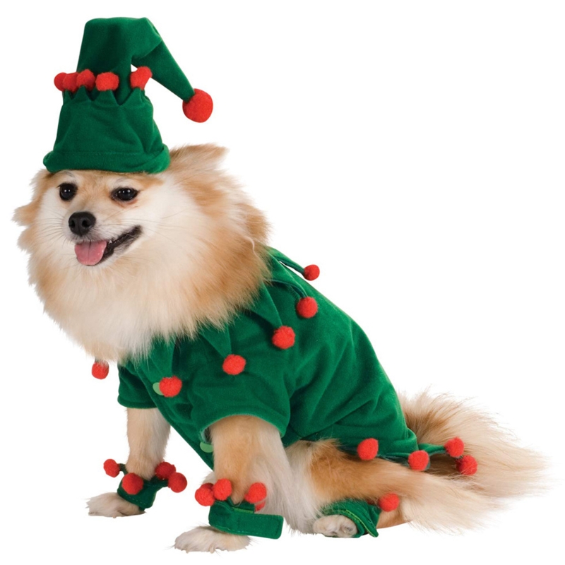 Lovely Small Pet Dogs Pajamas Clothes Pleuche Xmas Tree Green+Red S/M/L Funny Pet Elf Cosplay Dress