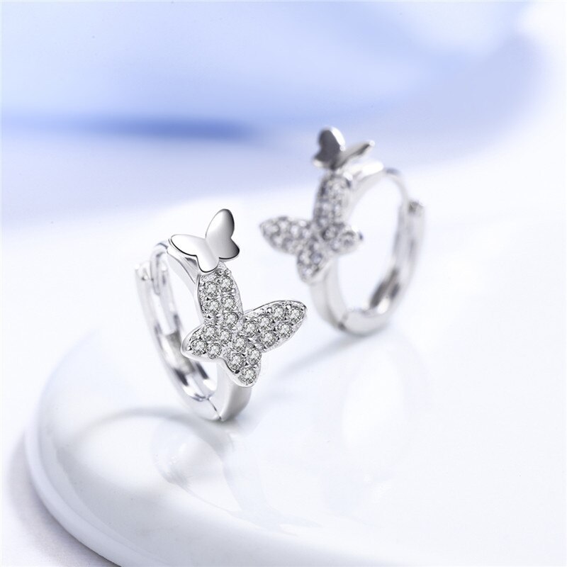 Ruoye 925 Sterling Zilver Stud Oorbel Dubbele Vlinder Kristal Oorbel Voor Vrouwen Zilveren Oor Sieraden Oorbellen