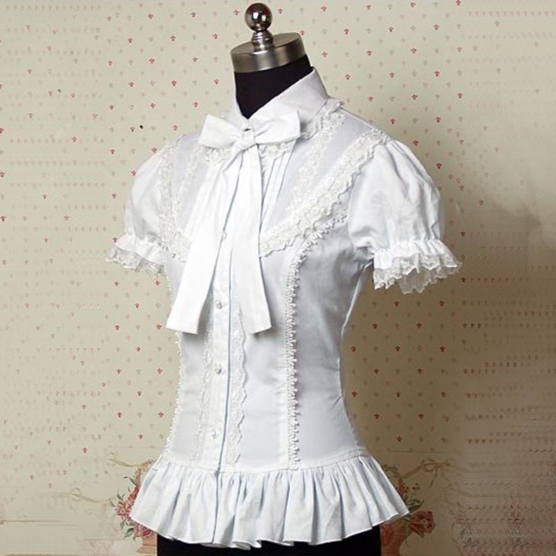 Camiseta corta victoriana de Lolita para mujer, blusas con lazo y volantes de encaje, traje blanco de verano,: M