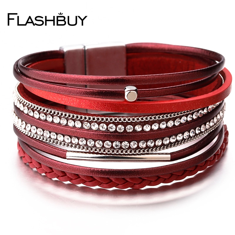 Flashbuy Alloy Rhinestone Leather Beads Crystal Bangles For Women Accessories Bracelet Jewelry Decoration