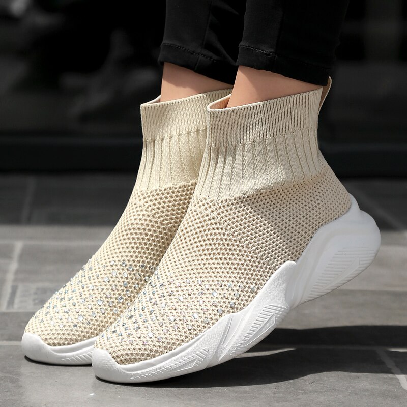 Vrouw Platform Schoenen Mode Sneakers Zachte Hak Vrouw Casual Schoenen High-Top Gebreide Vrouw Leisure Enkelsok Stof Mesh flats