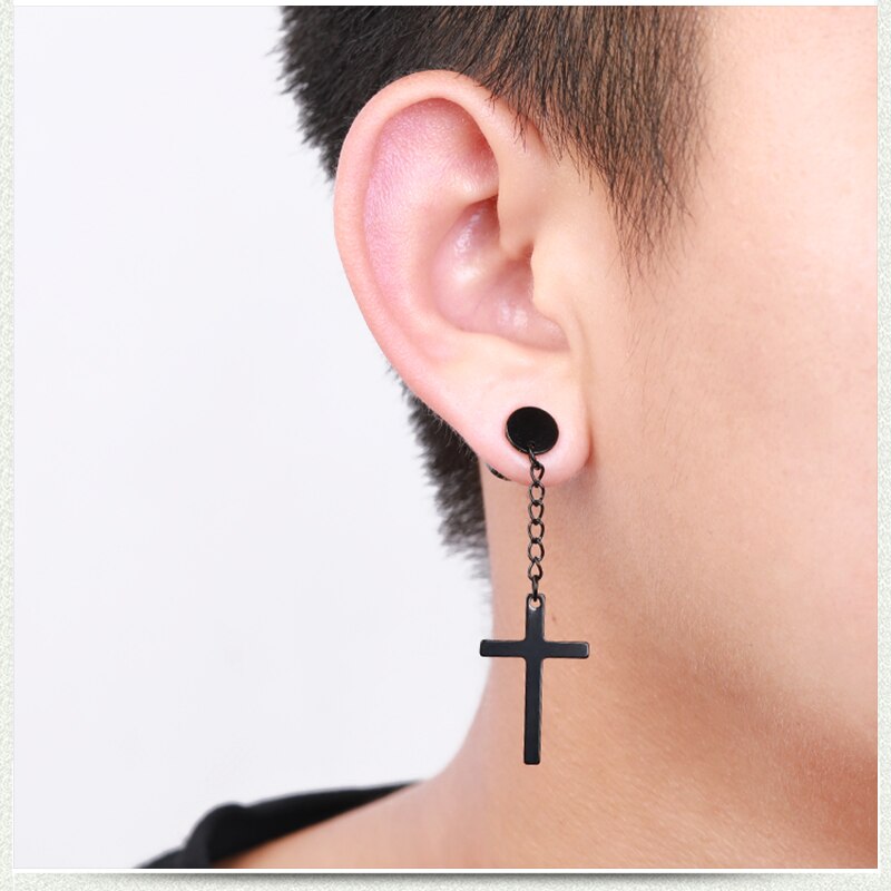 Punk Cross Stud Earrings For Men Women Black/Steel/Gold Chain Pendant Tassel Earrings Unisex Earrings Jewelry