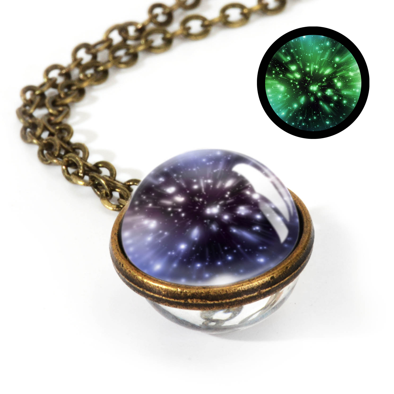 Nebula Galaxy Double Sided Pendant Necklace Universe Planet Jewelry Glass Art Picture Handmade Statement Necklace: LGS0031-Luminous