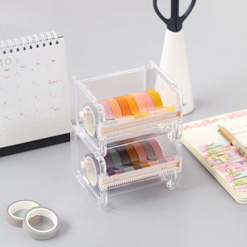 Kawaii Washi Tape Dispenser Holder Cutter Office School Supplies Desk Accessories Masking Tape Storage Organizer Plastic Box