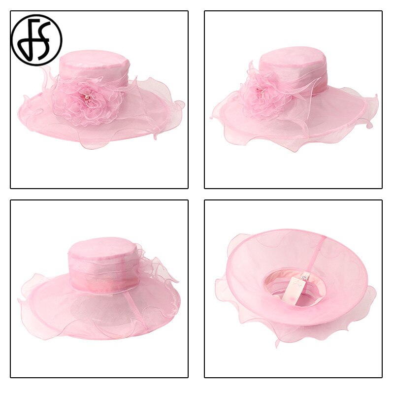 Sombreros para Misa de verano, sombrero Fedora rosa de ala ancha para mujer, sombreros plegables elegantes con flores grandes Vintage