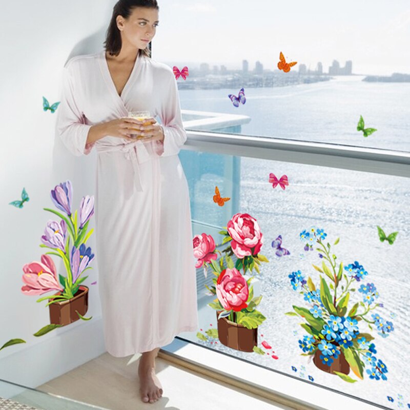 Diy wallstickers boligindretning potteblomster sommerfugl køkkenvindue glas trappe klistermærker vandtætte decals