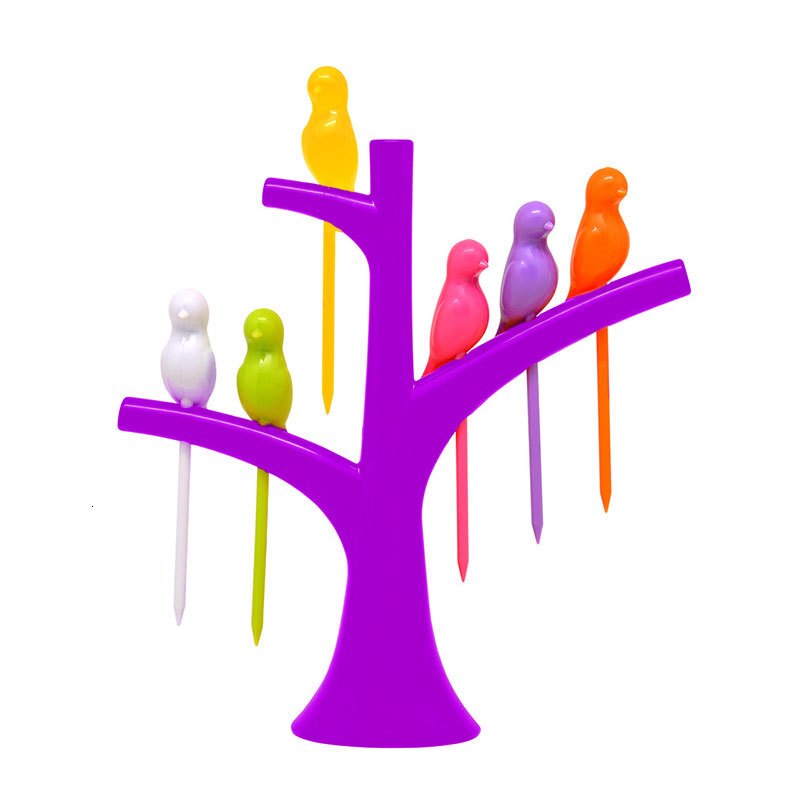 pcs 6 +1 Stand Birds Tree Shape Fruits Fork Plastic Vegetable Fork Fruit Snack Dessert Forks Holder For Party fruit pick forks: Purple