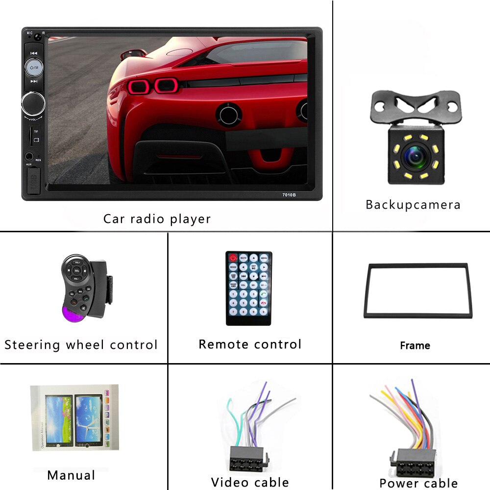 Radio para coche 7010B, 2 din, pantalla táctil LCD de 7 ", reproductor MP5, Bluetooth, Mirror Link, estéreo, FM, USB, TF, AUX con marco: Frame  8IR Camera