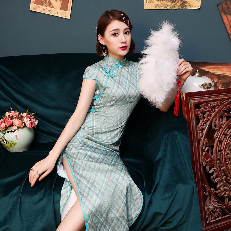 Chinese stijl mandarijn kraag sexy slanke lange vrouwelijke qipao nieuwigheid print satijnen cheongsam klassieke avondfeestjurk vestidos: Blauw / Xl
