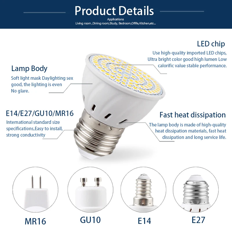 E27 E14 MR16 GU10 Lampada LED ampoule 3W 4W 5W 110V 220V Bombillas lampe à LED projecteur 48 60 80 LED 2835 SMD Lampara Spot