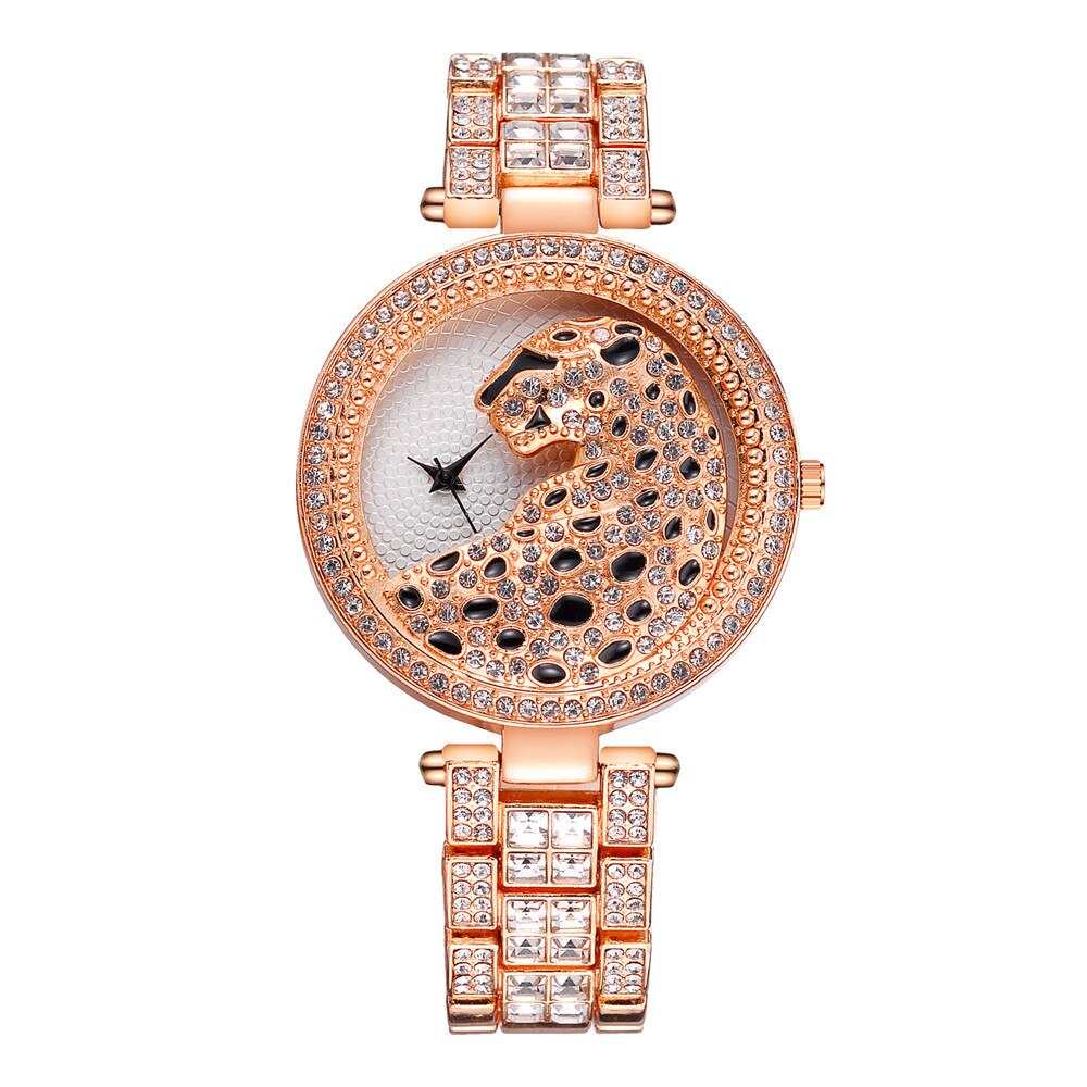 Femmes Rose Or Montre Léopard De Luxe Bling Dames Montre Décontracté Femme Montre À Quartz Cristal Diamant Pour Femmes Horloge: rose gold