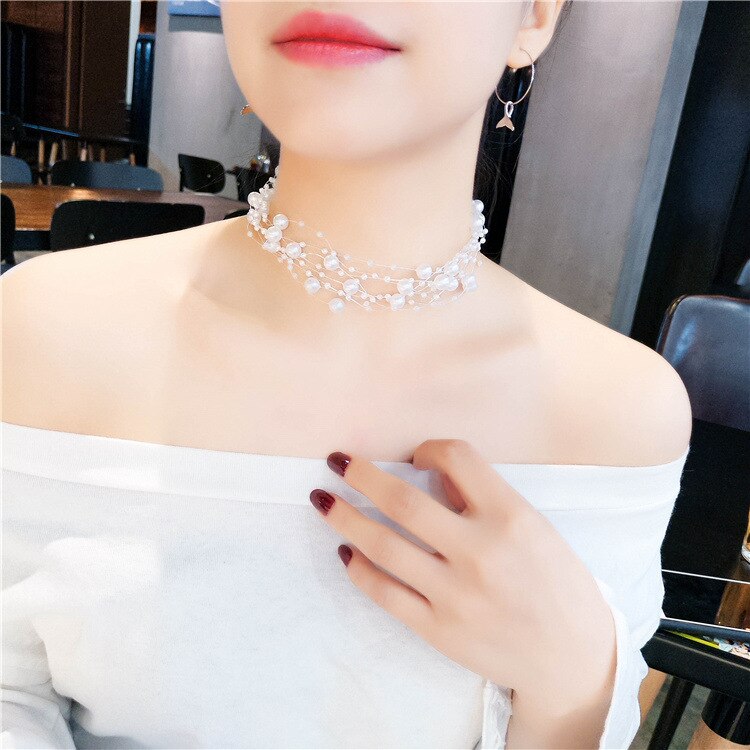 Romantic White Multi-layer Necklace Gypsophila Pearl Fishing Line Clavicle Chain Torques Necklace Wedding Jewelry