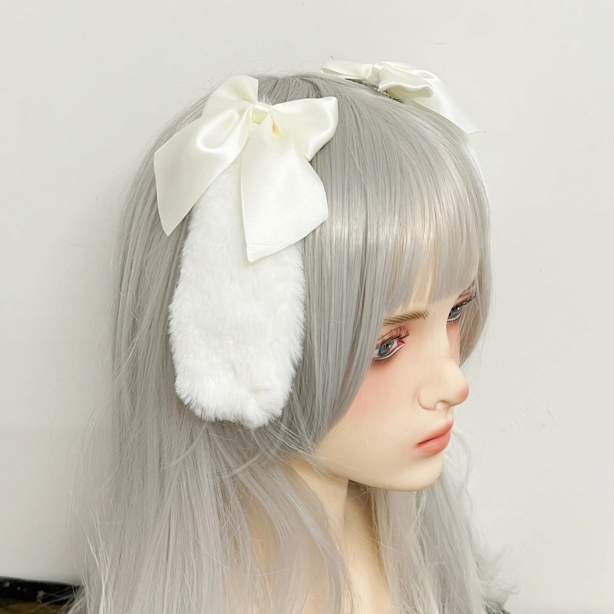 Lolita Cosplay Rabbit Bunny Plush Lop Ears Kawaii Women Girls Hair Clip Cute Hairpin Ribbon Bowknot Hair Accessories: WHITE
